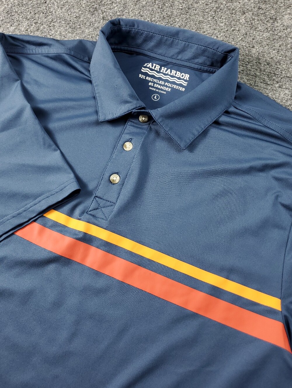 Fair Harbor Polo Shirt Large Spandex Performance Stretch Golf Stripes Navy Blue
